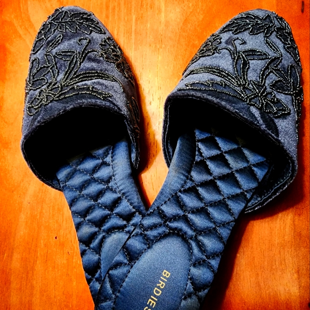 Birdies RARE Songbird Navy Flora Beaded Boho Slides Smoking Slipper Mule Size 8